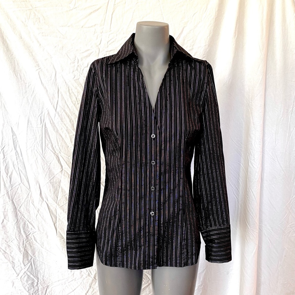 Express Button Down Top, Black with Silver Stripes, Size Small